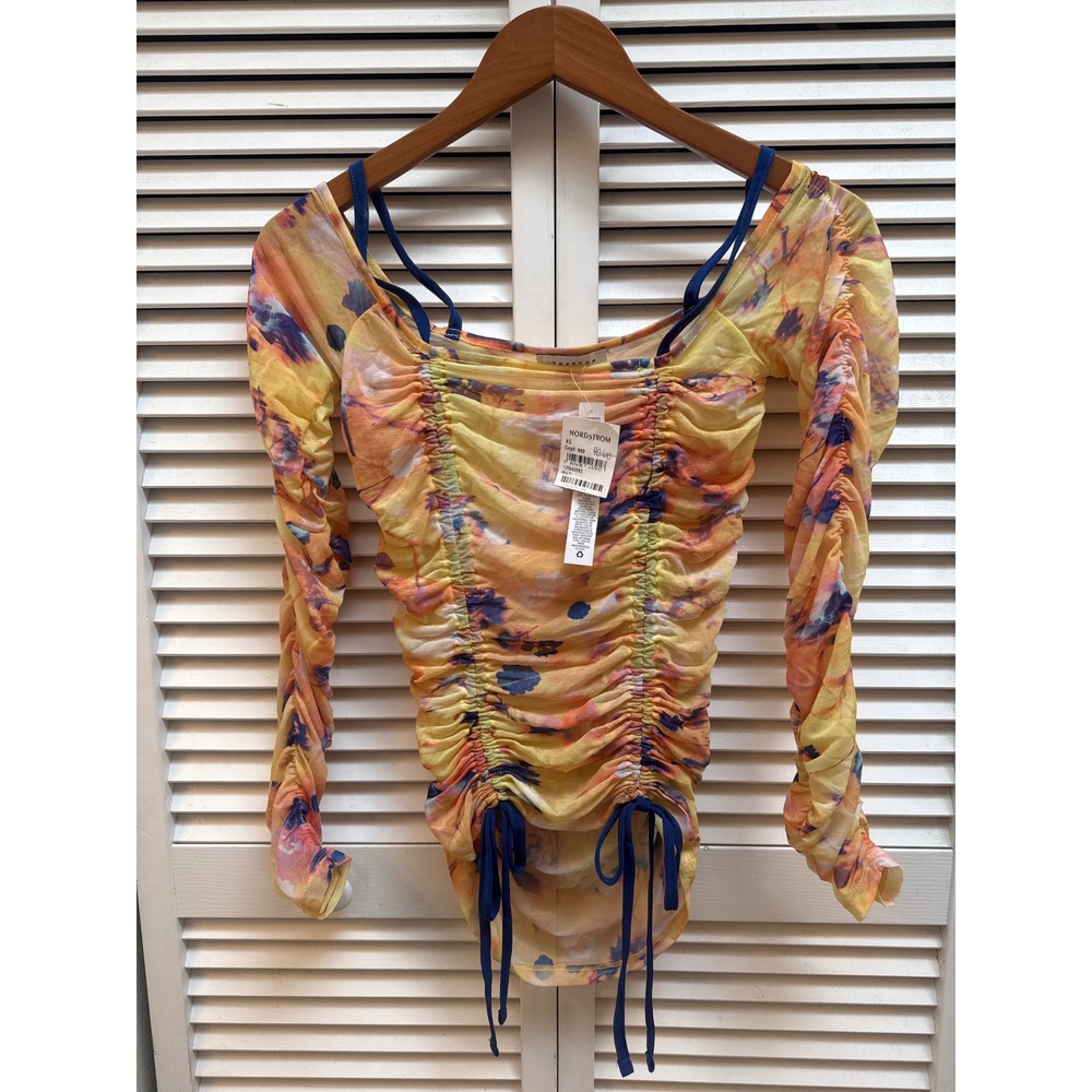 Topshop Yellow Multi Floral Mesh Ruched Long Sleeve Top XS NWT